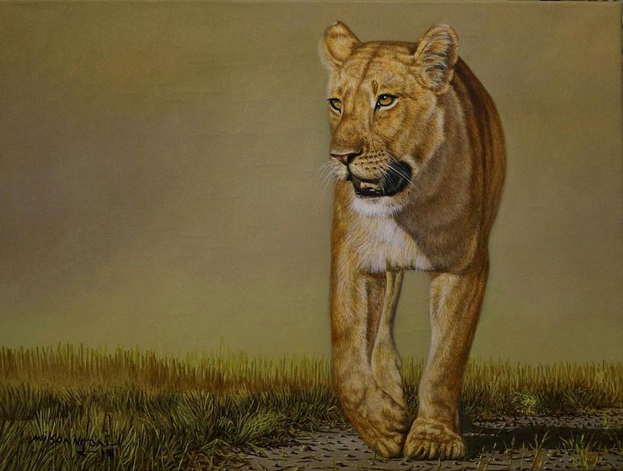 Lioness in Motion - Oil on Canvas